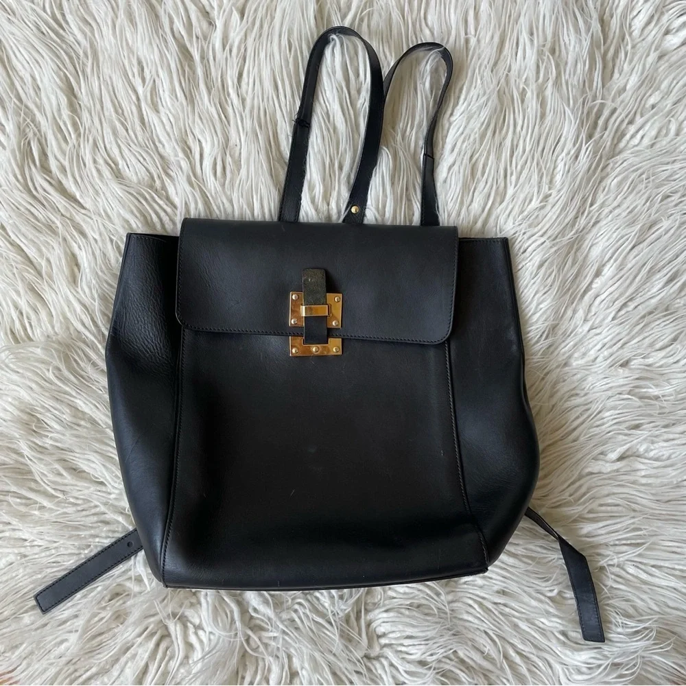 Sophie Hulme Black Leather Single Soft Flap Gold Tone Hardware Backpack